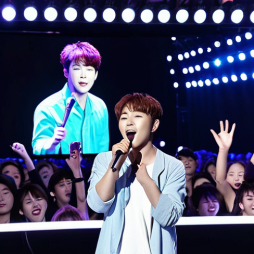 Home 16 **Prompt:** A vibrant fan meeting scene. Kang Dong Won on stage under bright lights, singing with visible emotion. A large screen behind him displays images from his career. Adoring fans in the audience hold up light sticks and banners.