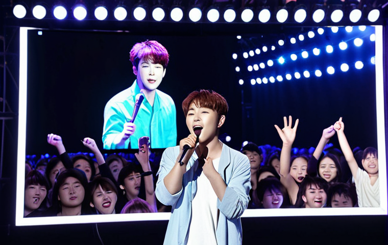 **Prompt:** A vibrant fan meeting scene. Kang Dong Won on stage under bright lights, singing with visible emotion. A large screen behind him displays images from his career. Adoring fans in the audience hold up light sticks and banners.