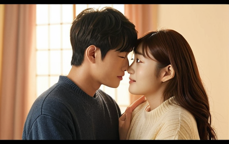 **
A romantic scene: Kang Joon gazes adoringly at his co-star. Soft lighting enhances the warmth and intimacy. The focus is on their expressive eyes, conveying deep affection and connection. The background is blurred, creating a dreamy, heartwarming atmosphere, reminiscent of a classic romance drama.
**