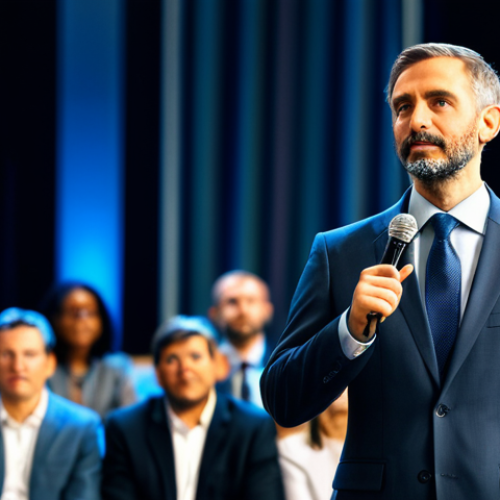 Home 14 A professional speaker, dressed in a modest business suit, stands on a modern stage with a blurred, diverse audience in the background. The speaker's face conveys genuine emotion and sincerity, eyes reflecting deep connection and vulnerability. The atmosphere is warm and inviting, illuminated by soft, professional lighting that highlights the speaker's natural pose and expression, symbolizing a bridge of trust being built with the audience. fully clothed, appropriate attire, professional dress, safe for work, appropriate content, perfect anatomy, correct proportions, natural pose, well-formed hands, proper finger count, natural body proportions, high-quality professional photography, detailed, realistic.