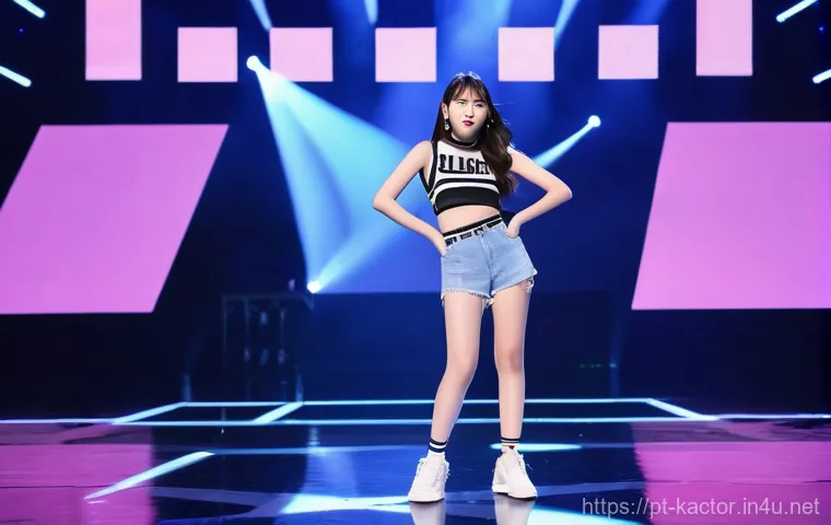 수지 아이돌 시절 이야기 - A vibrant full-body shot of young Suzy, around 16-17 years old, confidently performing on a brightly...